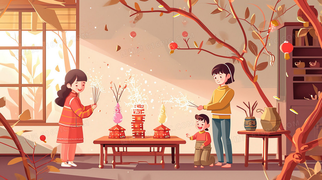春节大人小孩一起放烟花的插画