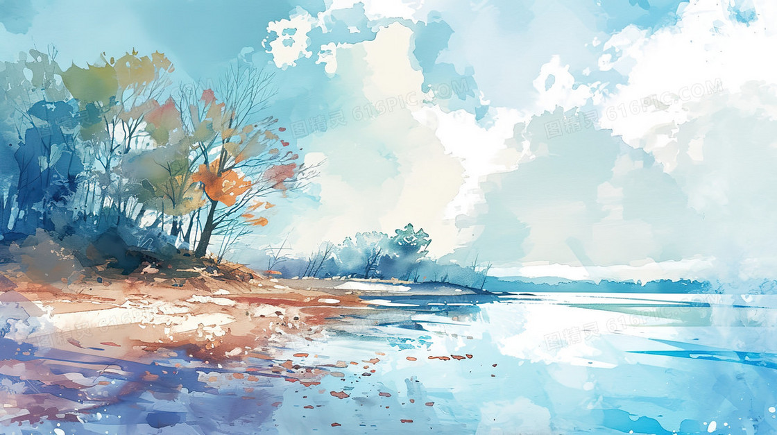 湖边树木风景水彩插画