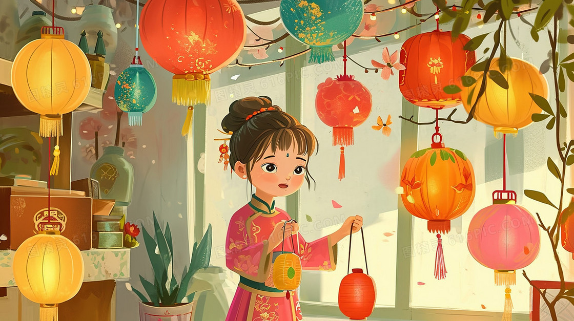 古装女孩挂灯笼中国风插画