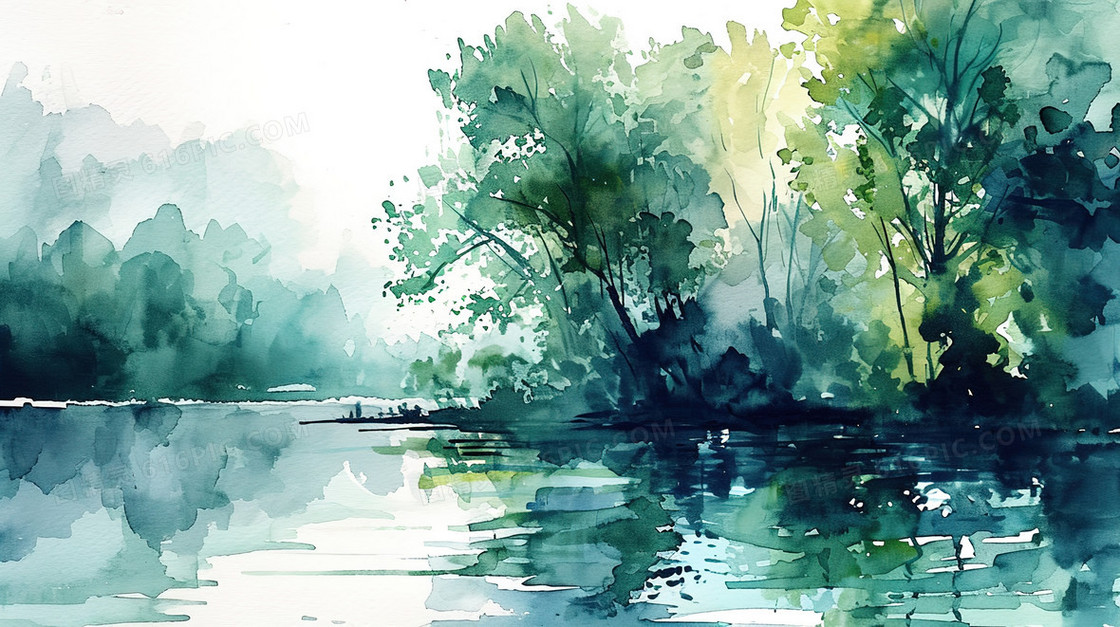 湖边树木风景水彩插画