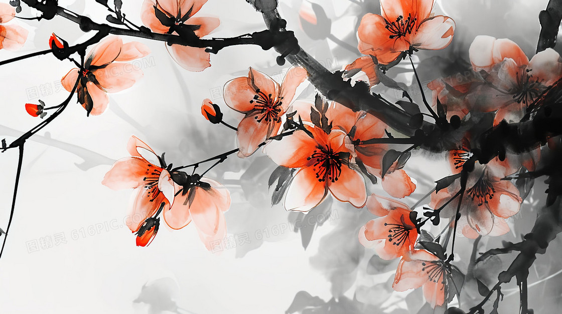 中国风红色花朵水墨插画