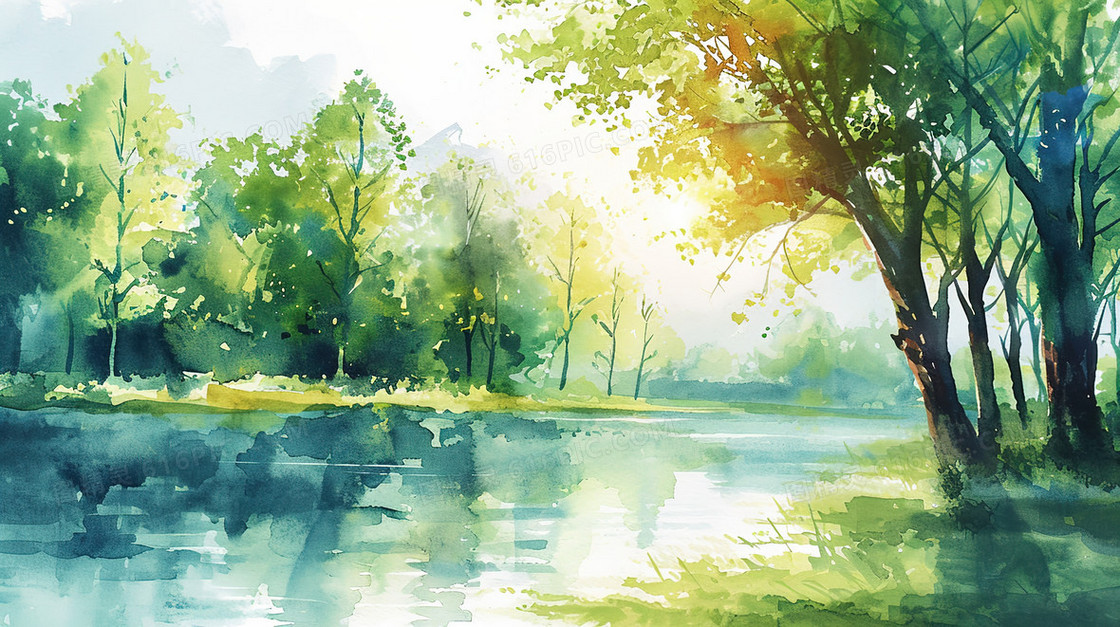 湖边树木风景水彩插画