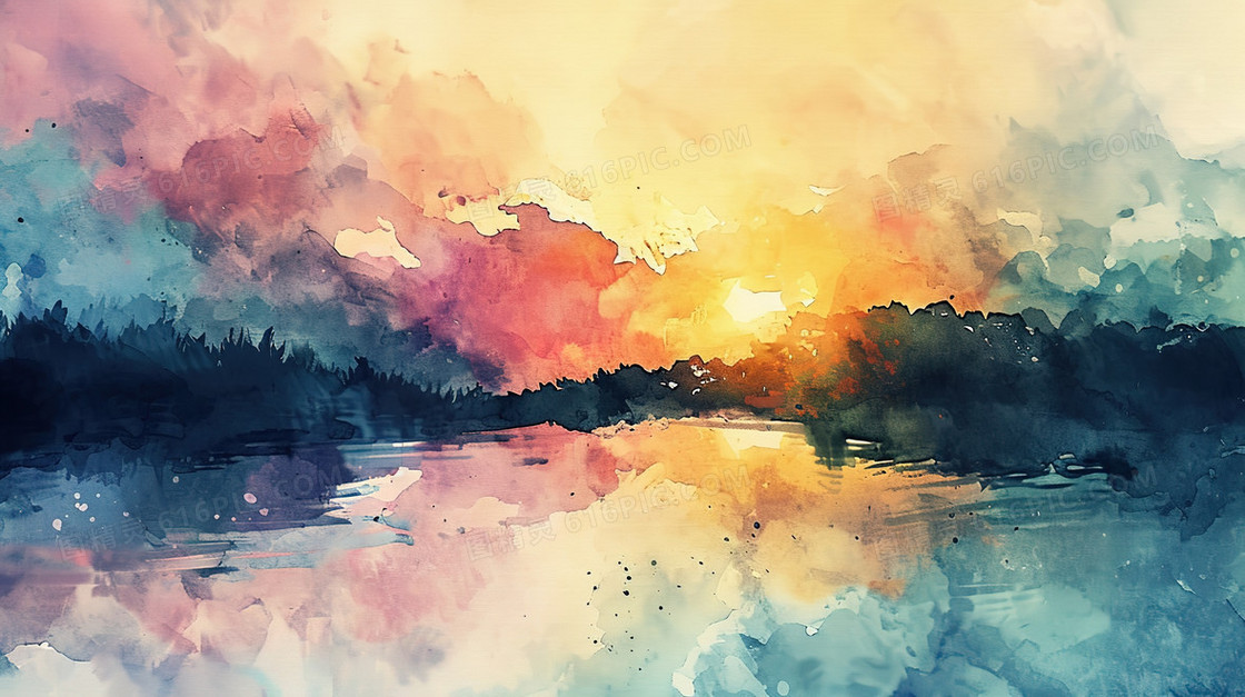 湖边树木风景水彩插画