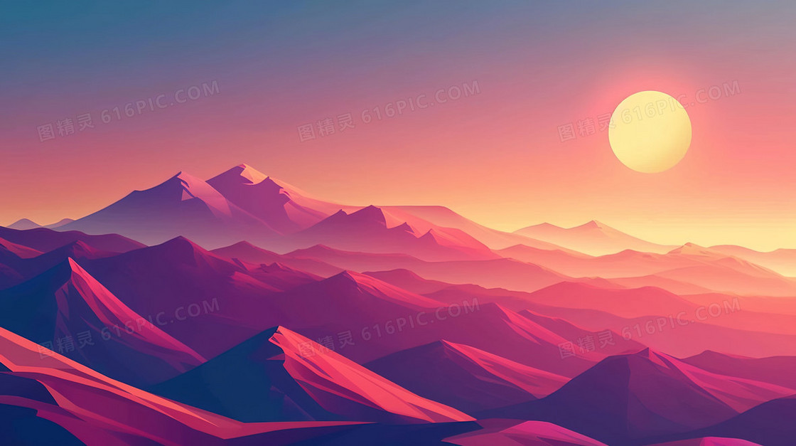 傍晚夕阳晚霞风景插画
