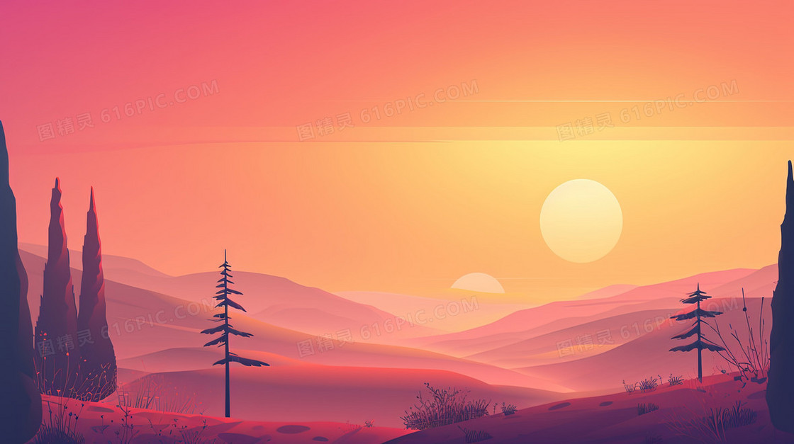 傍晚夕阳晚霞风景插画