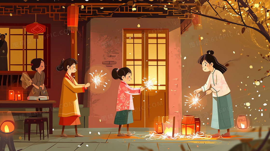 春节大人小孩一起放烟花的插画