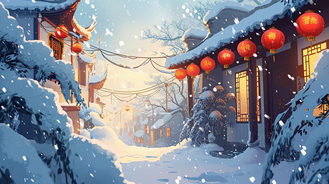 春节积雪古镇插画