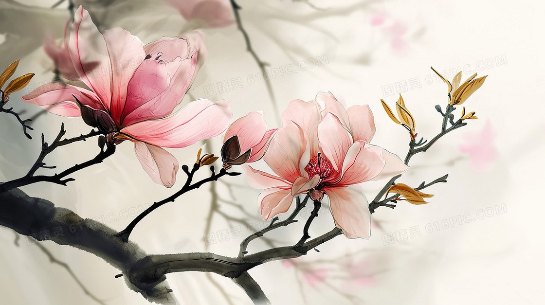 中国风红色花朵水墨插画