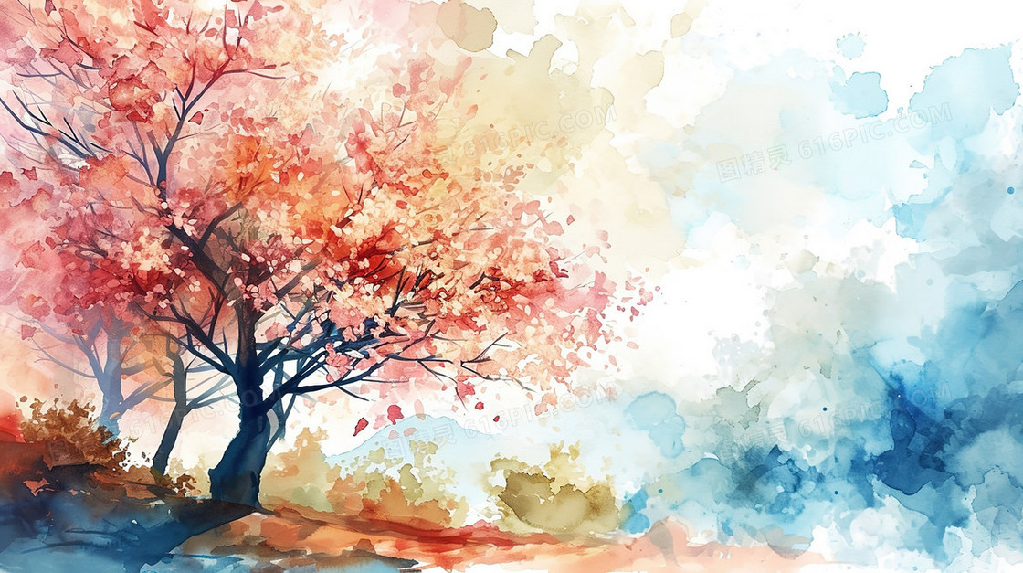 树木草地水彩风景插画