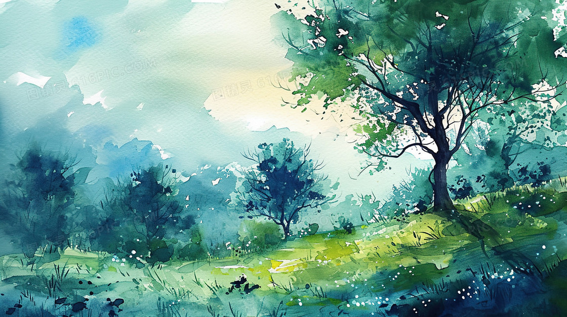 树木草地水彩风景插画
