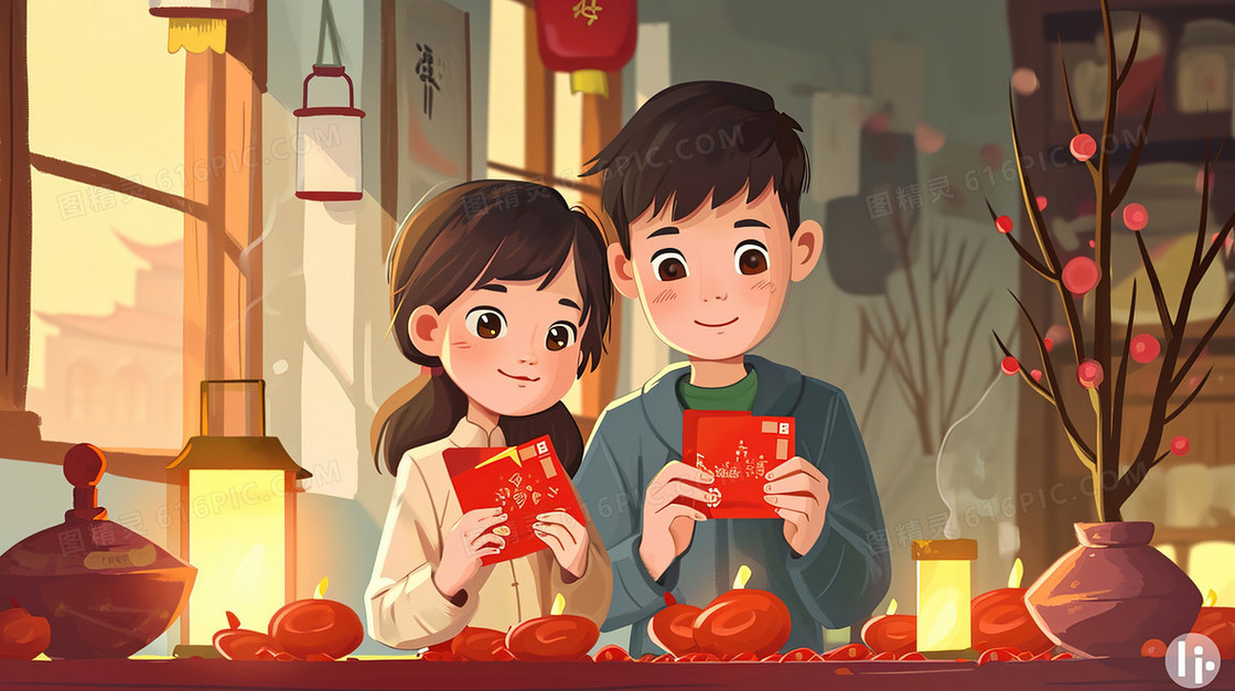 春节收到红包的孩子插画