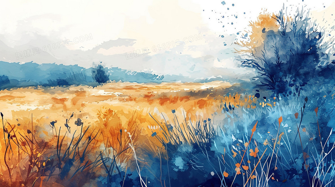 树木草地水彩风景插画