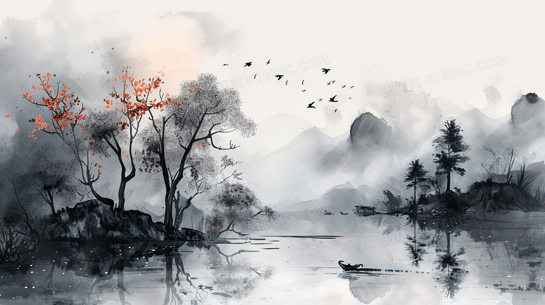 中国风水墨山水风景插画