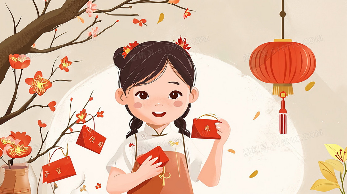 春节收到红包的孩子插画