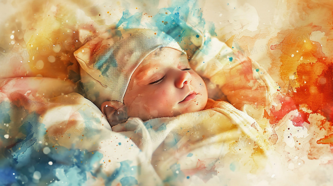 一个躺在温暖的床上可爱的新生儿插画