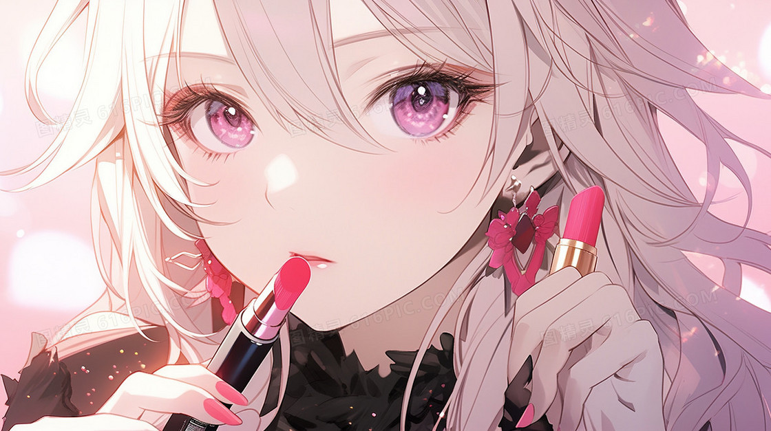 尝试口红颜色的少女插画