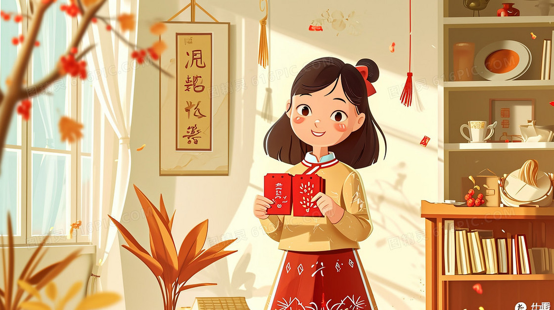 春节收到红包的孩子插画