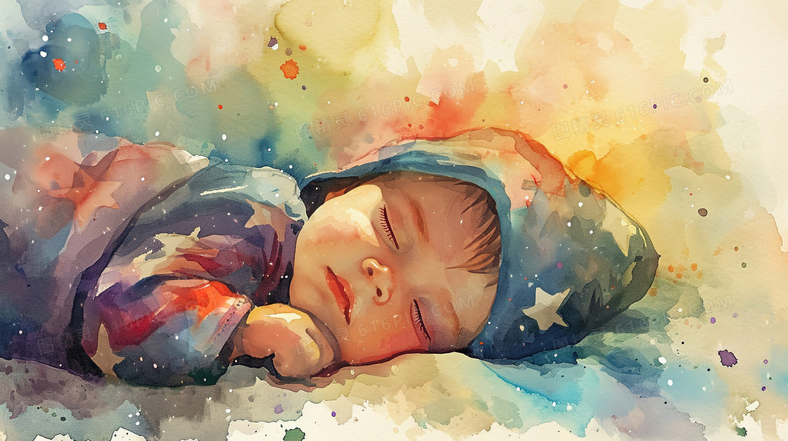 一个躺在温暖的床上可爱的新生儿插画