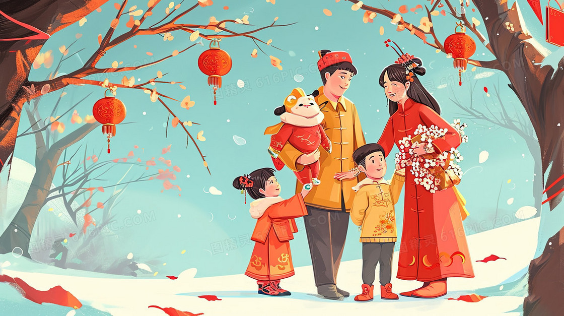 春节雪地上散步的一家四口插画