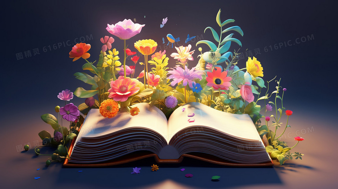 彩色开满鲜花的书籍插画