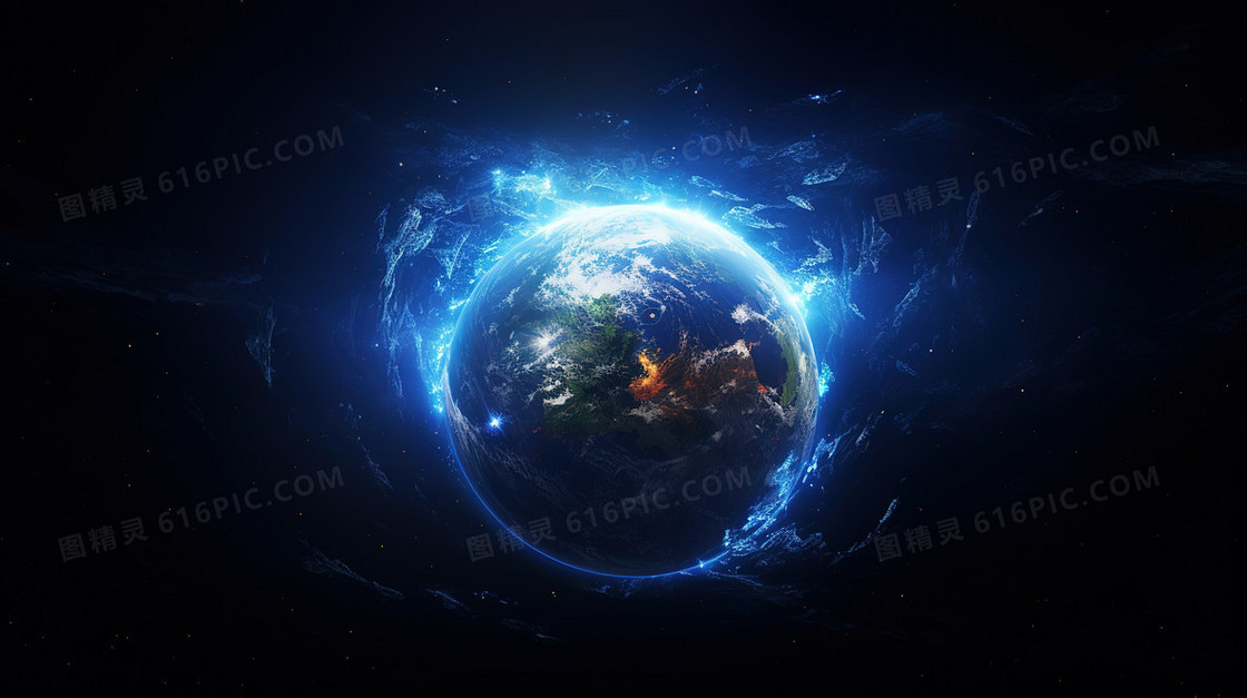 蓝色发光梦幻宇宙地球背景