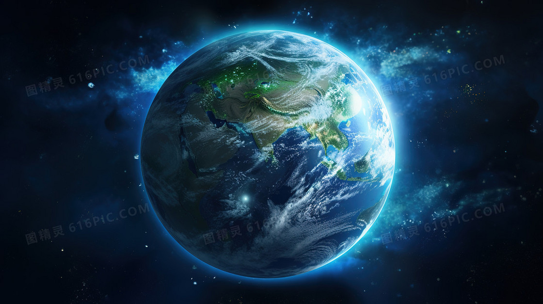 蓝色发光梦幻宇宙地球背景