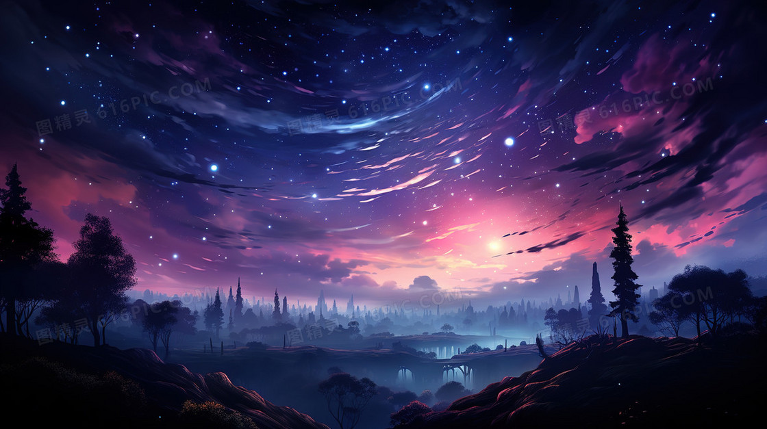 唯美壮观山谷月夜星空风景插画