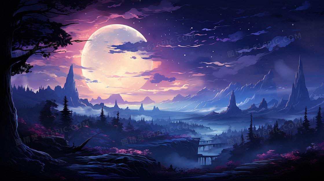 彩色壮观山谷月夜星空风景插画