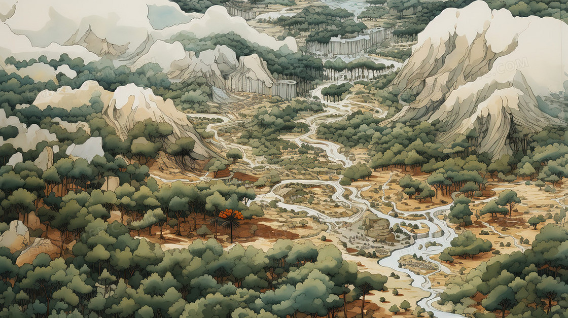 绿色森林山川俯视图鸟瞰图插画