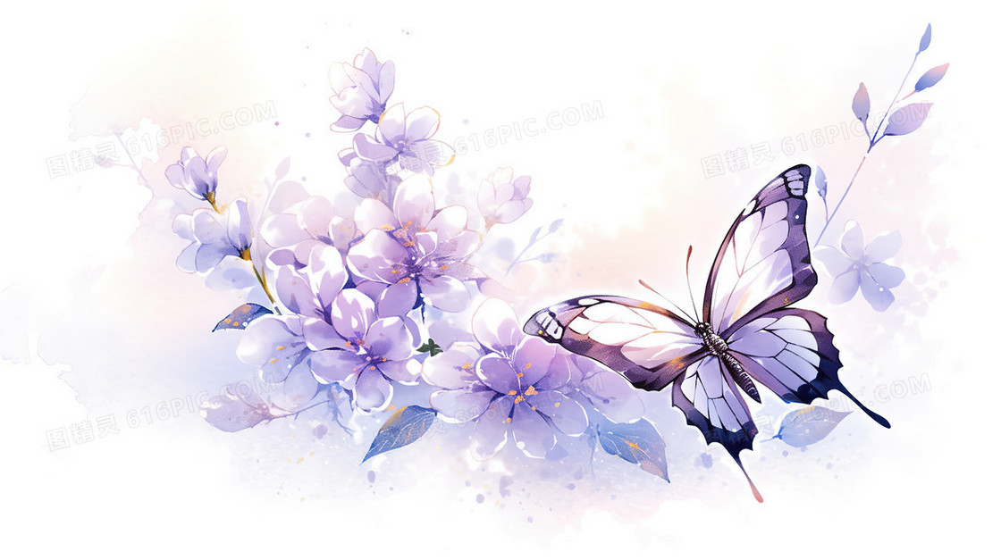 唯美紫色水彩花丛飞舞蝴蝶插画