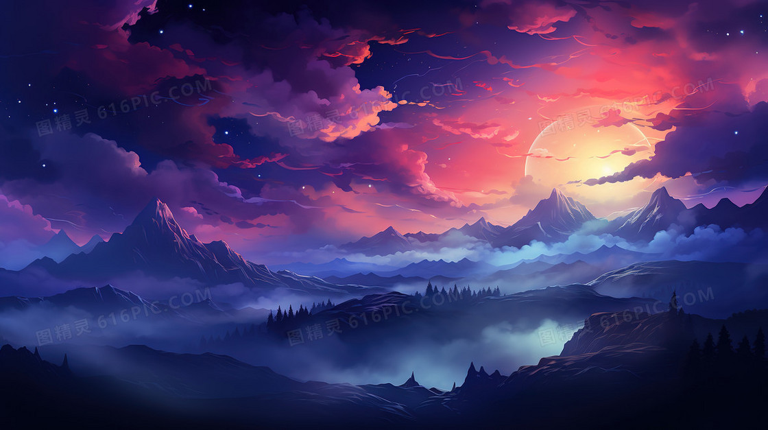 彩色壮观山谷月夜星空风景插画