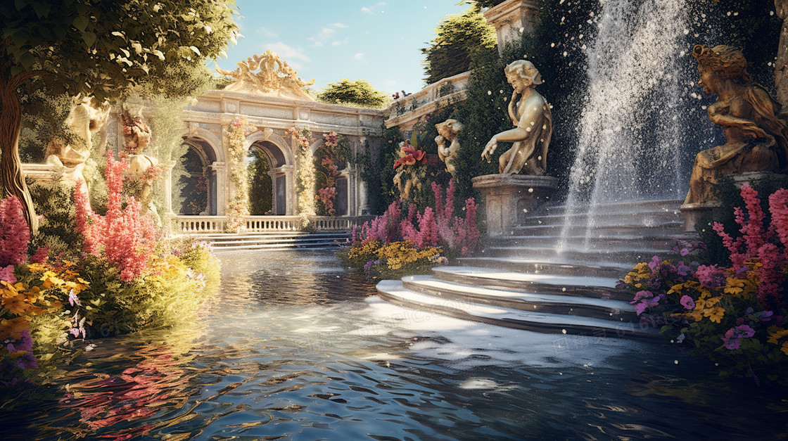 彩色梦幻花园雕像喷泉私人庄园图片