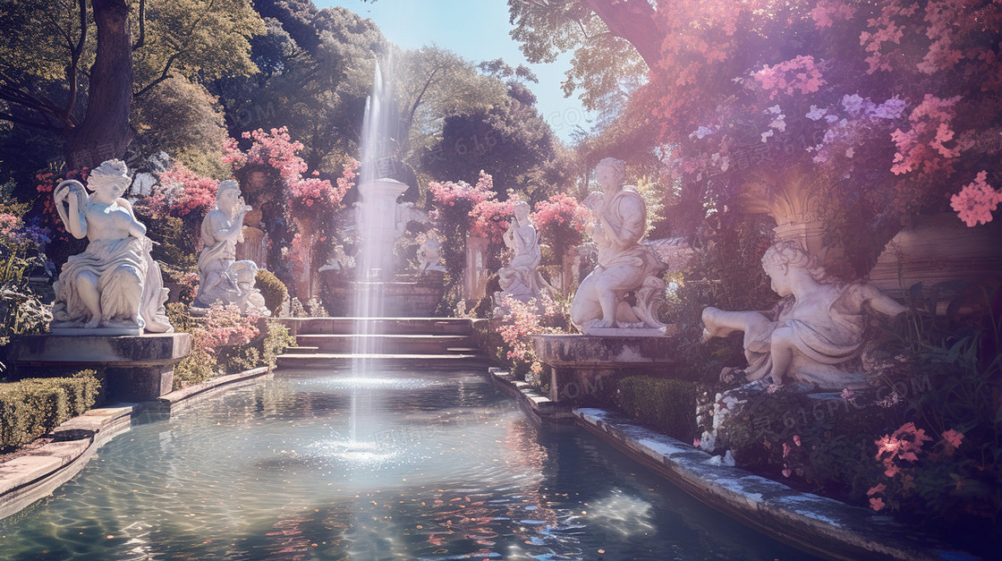 彩色梦幻花园雕像喷泉私人庄园图片