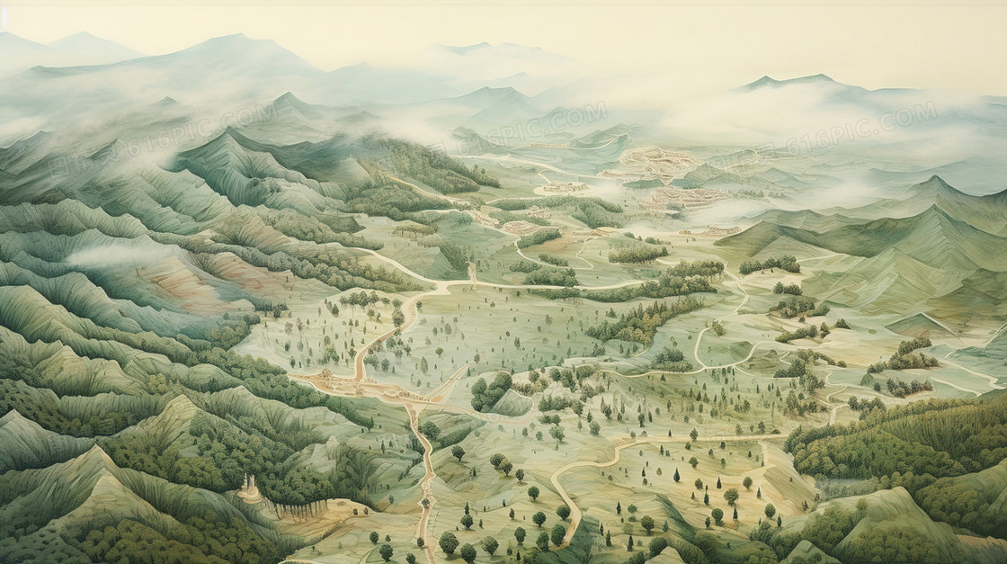 绿色森林山川俯视图鸟瞰图插画