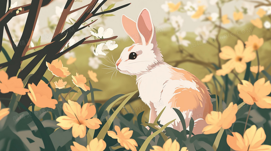 春季鲜花盛开的山野里的兔子插画