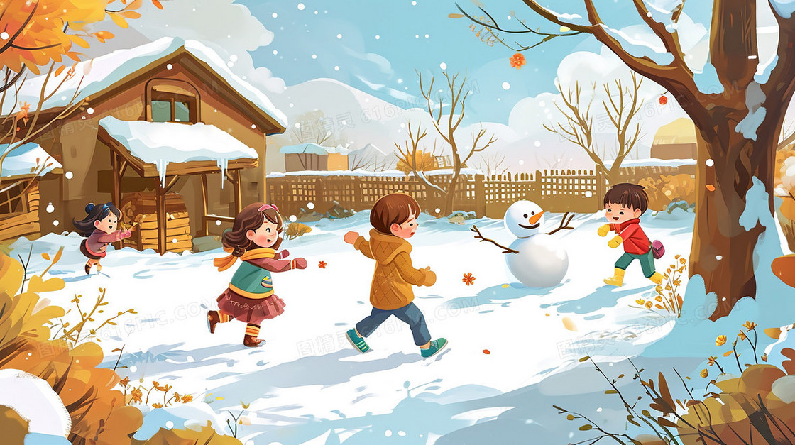 乡村雪地里玩耍的孩子们插画