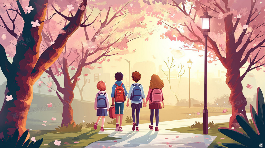 春天走在樱花盛开的路上放学回家的小学生插画
