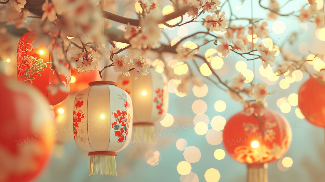 春节庭院里挂着的灯笼图片