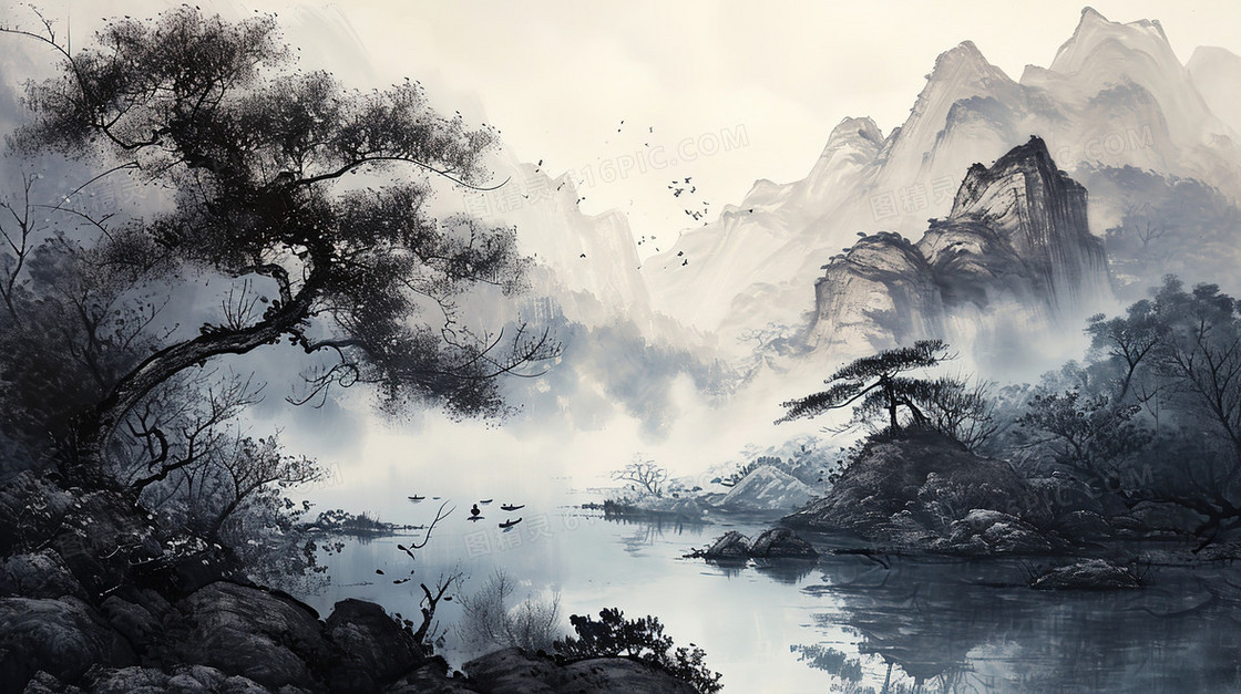 中国风水墨山水风景插画