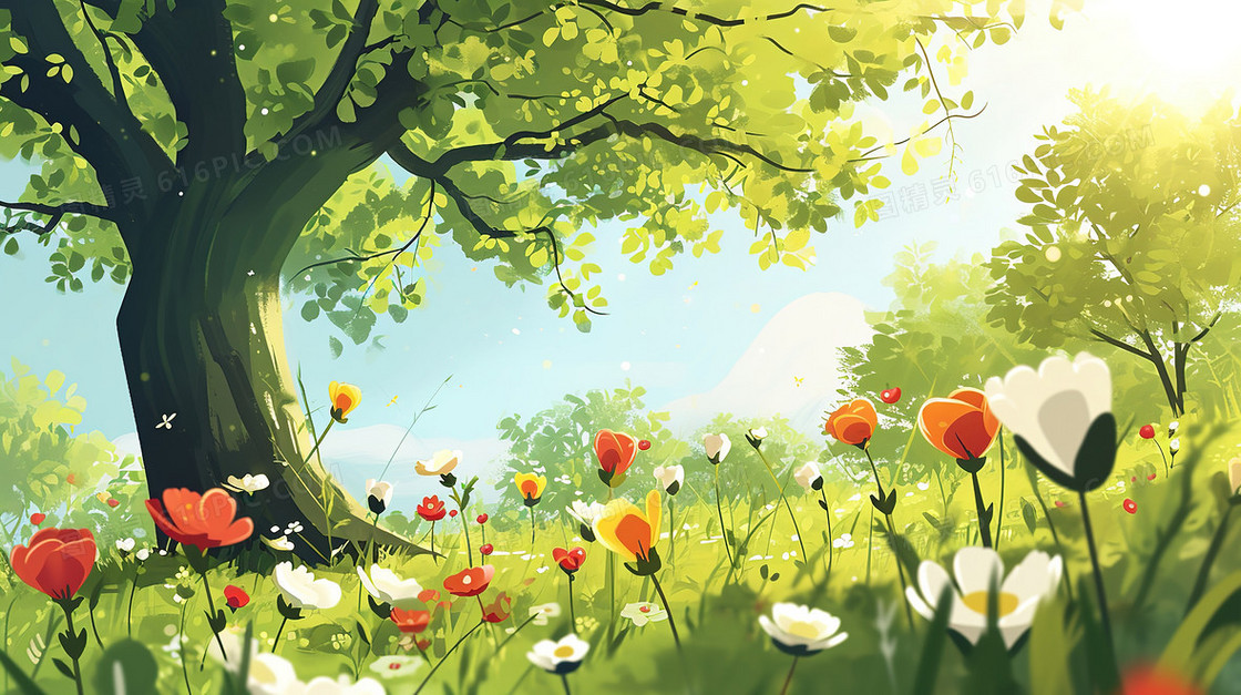 春日鲜花盛开的森林花草地插画