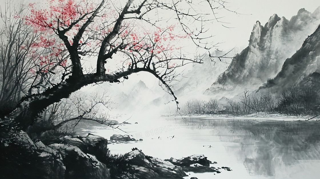 中国风水墨山水风景插画