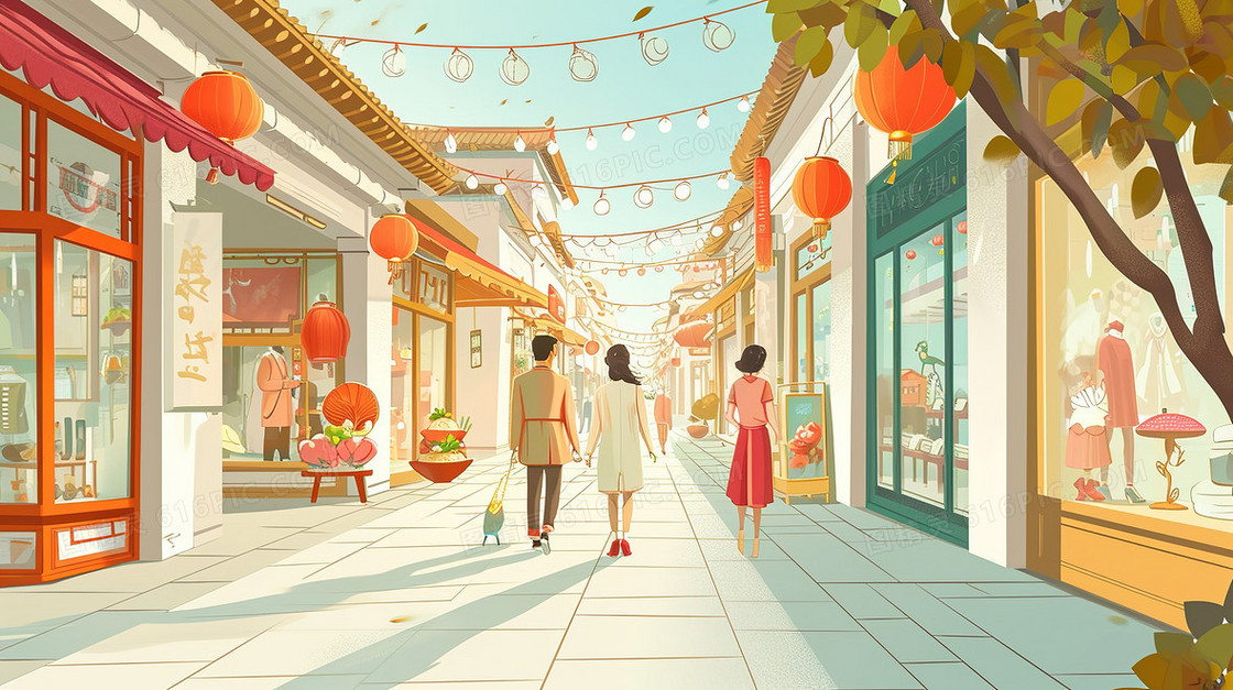 春节步行街逛街的人们插画