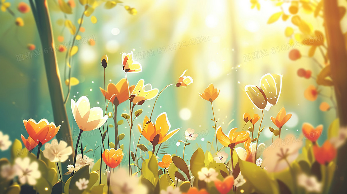 春日鲜花盛开的森林花草地插画