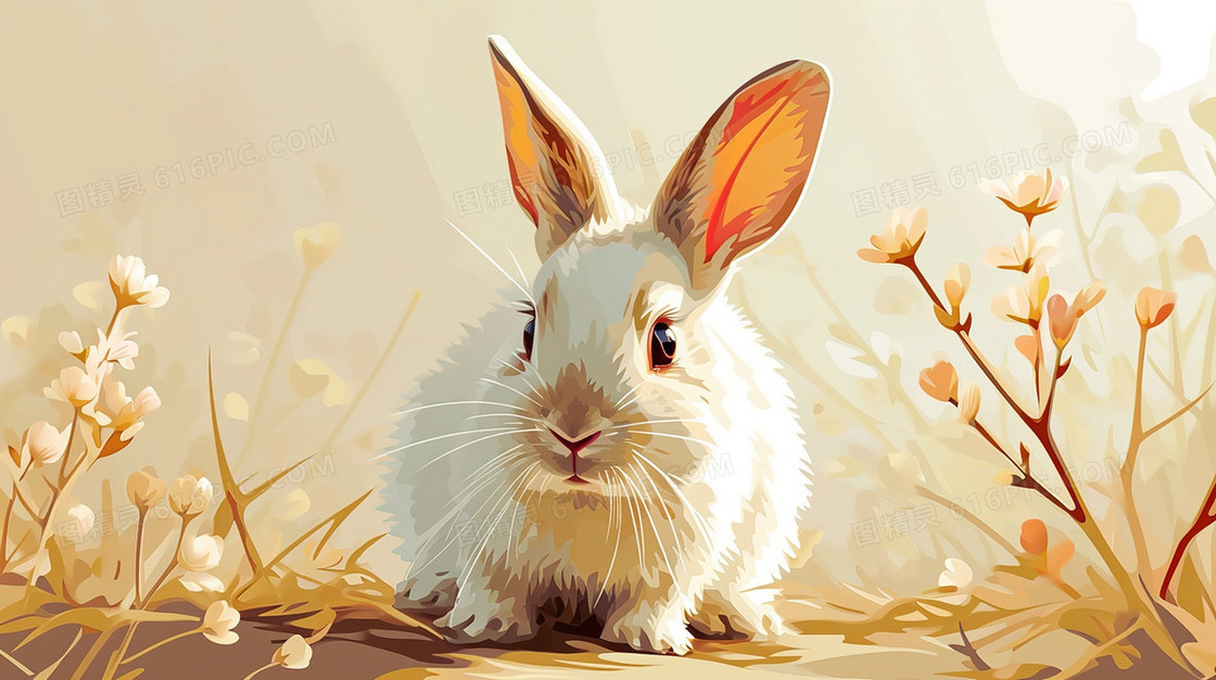 春季鲜花盛开的山野里的兔子插画
