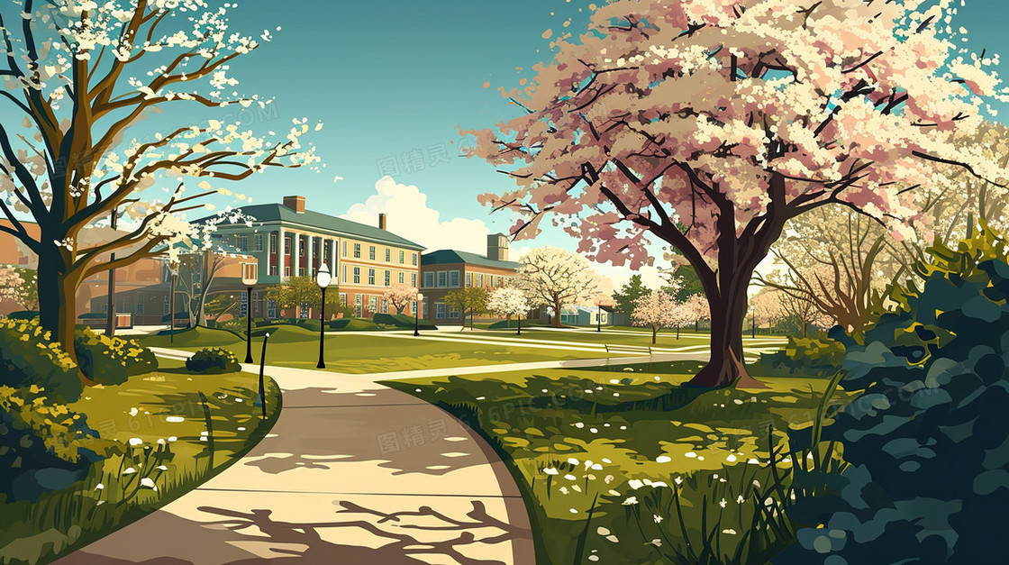 春季鲜花盛开的校园小道插画