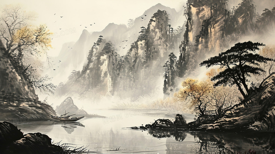 中国风水墨山水风景插画