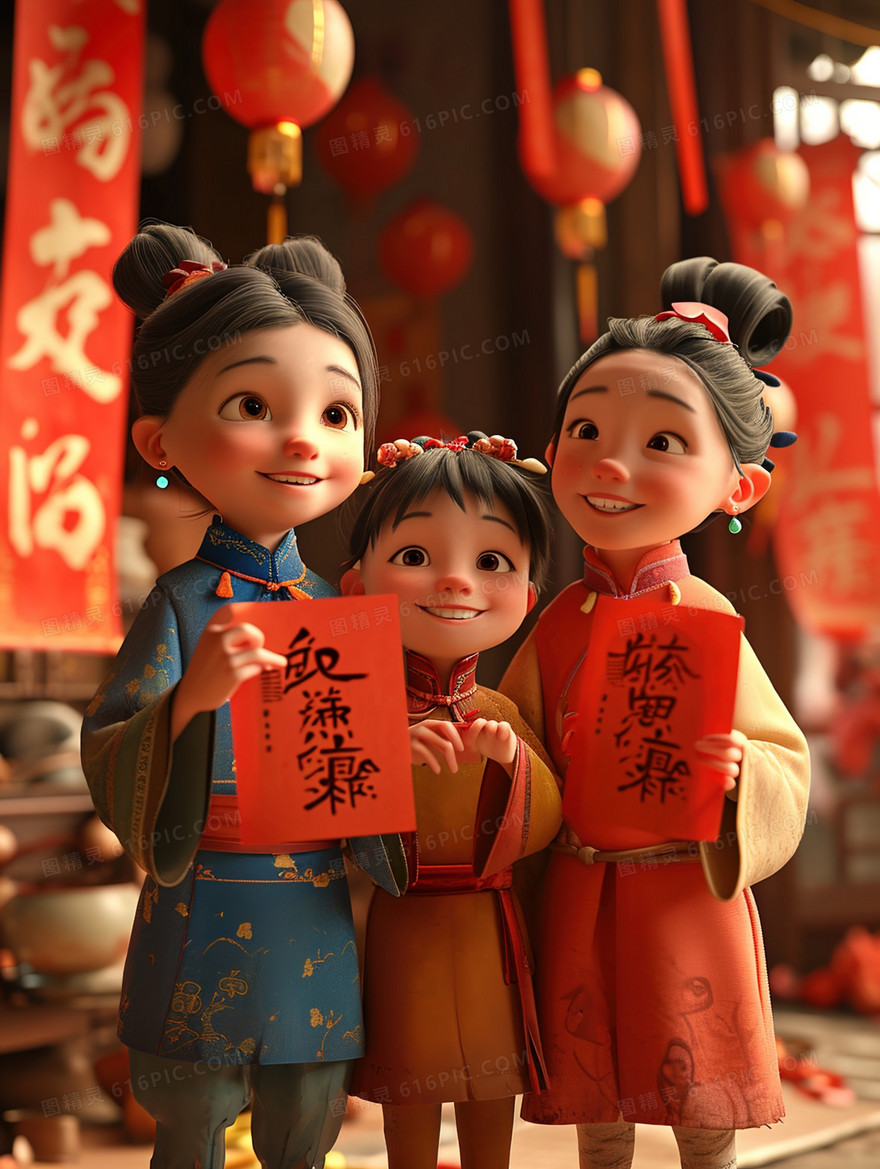 古村人们春节收发红包插画