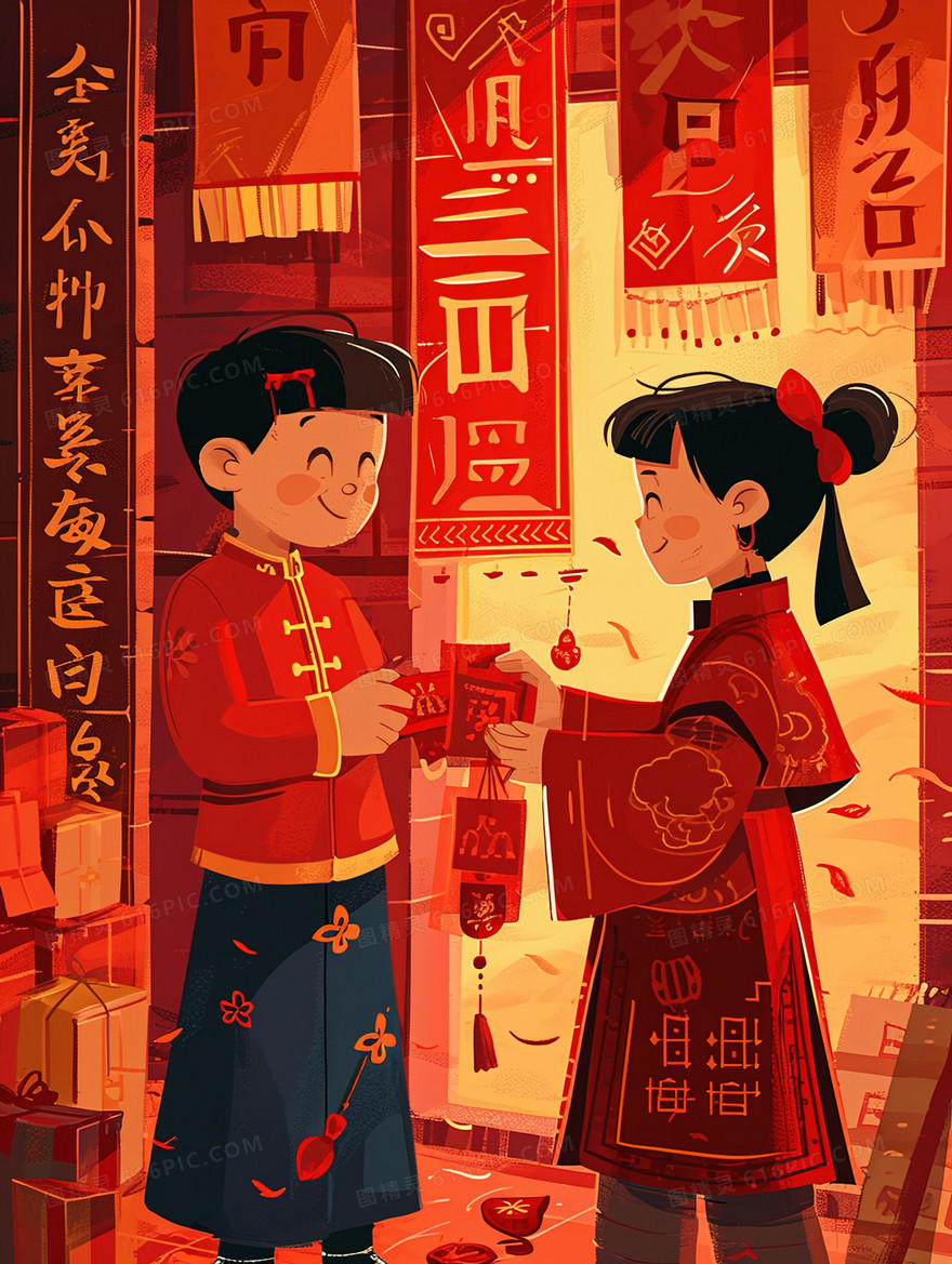 古村人们春节收发红包插画