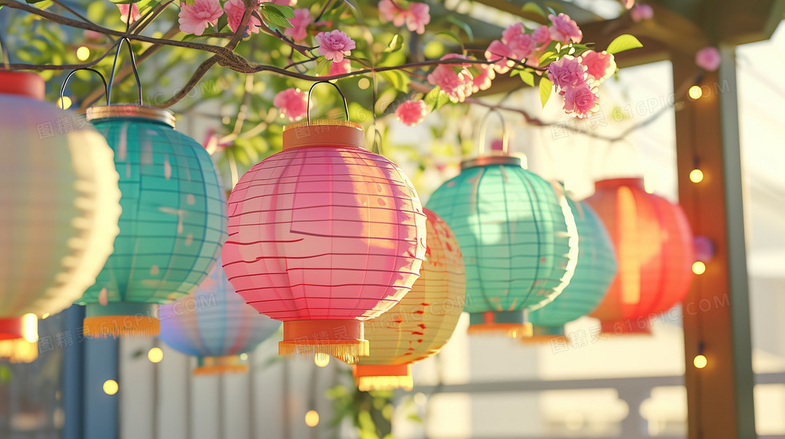 春节庭院里挂着的彩色灯笼图片