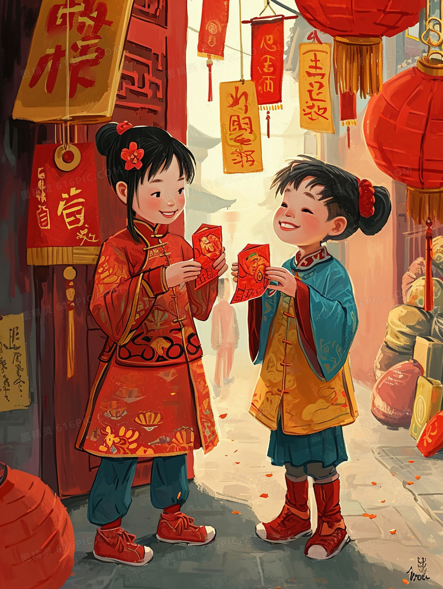 古村人们春节收发红包插画
